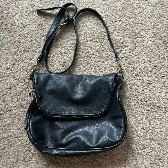 Moda Luxe Black Faux Leather Zipper Crossbody Bag with Gold Hardware - Picture 1 of 7